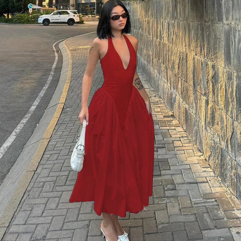 Deep V Backless Halterneck Maxi Dress
