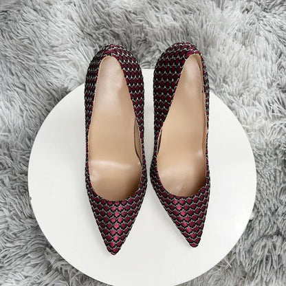 Wine Red Pointy Toe High Heel Shoes with Mesh Pattern for Women