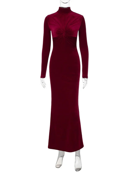 Pleated Twist Long Sleeve Solid Maxi Dress