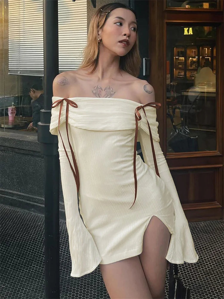 Rib Knit Off Shoulder Bow Detail Bell Sleeve Bodycon Mini Dress