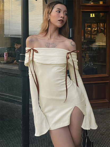 Rib Knit Off Shoulder Bow Detail Bell Sleeve Bodycon Mini Dress