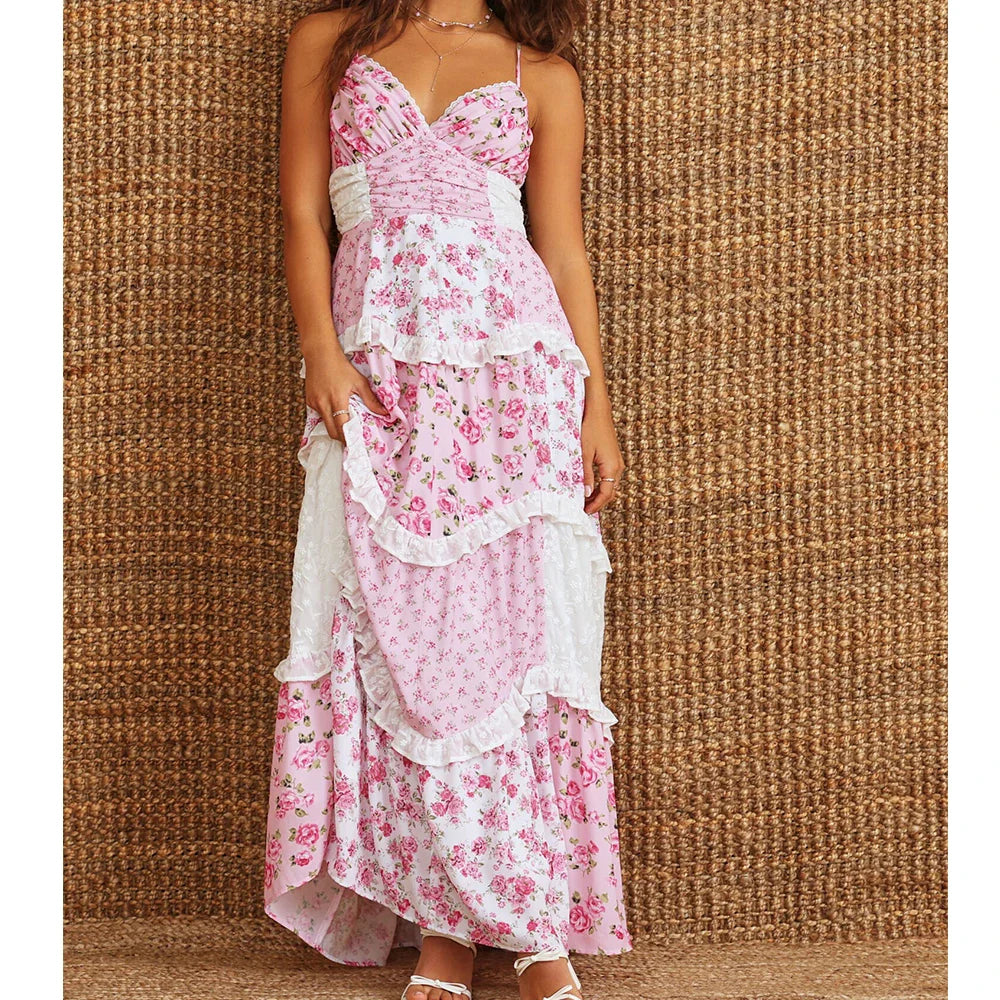 Boho Tie Shoulder Patchwork Floral Dress
