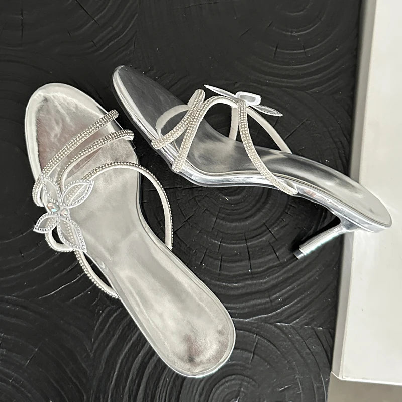 CRYSTAL Narrow Band Butterfly-knot Satin Slip On Sandal for Women
