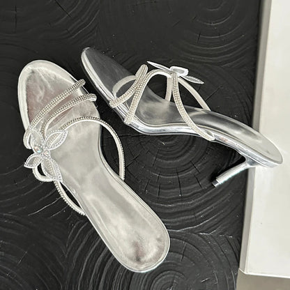 CRYSTAL Narrow Band Butterfly-knot Satin Slip On Sandal for Women