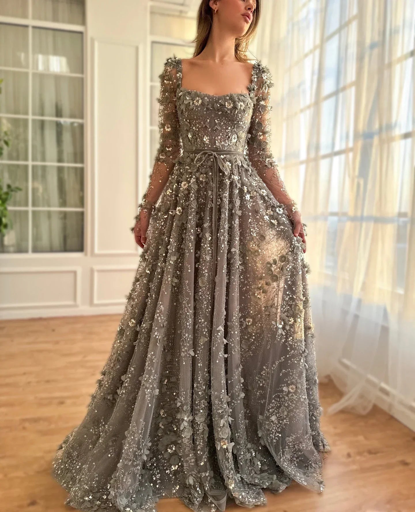 3D Floral A-Line Evening Gown Long Sleeves