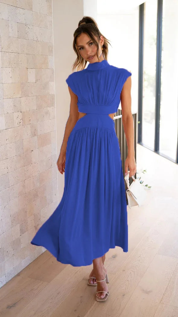 Mock Neck Sleeveless Side Waist Cutout Pleated A-Line Maxi Dress