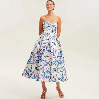 Floral printed strapless back tied rope dress