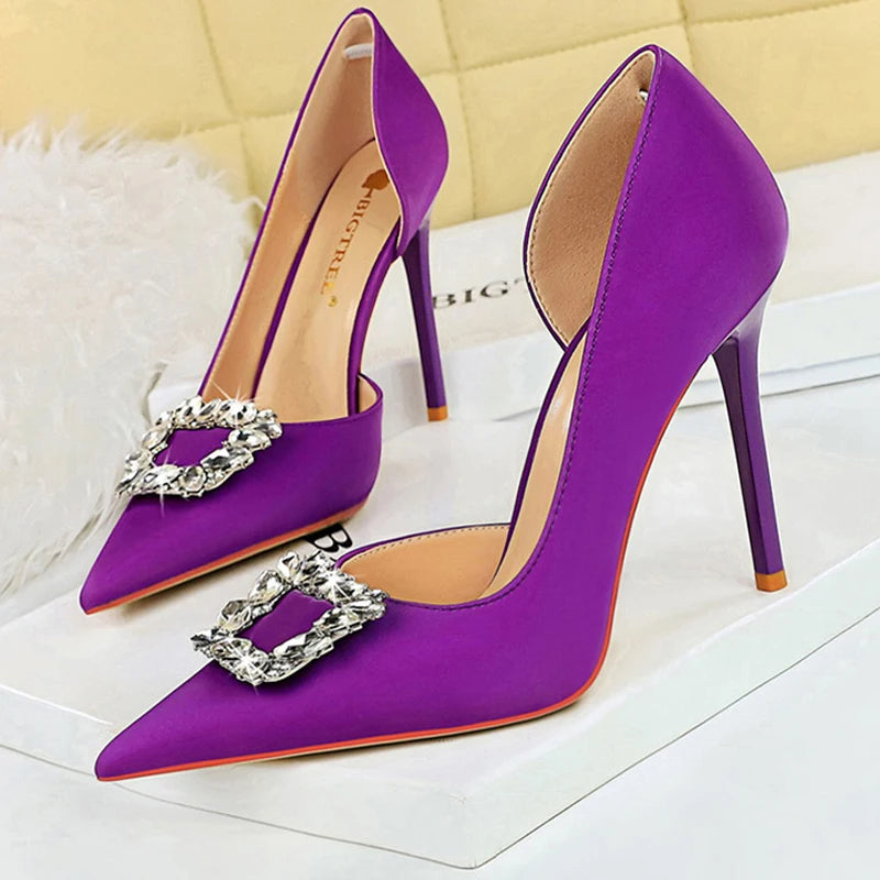 Wine Red 10.5cm Heels Metal Rhinestone Woman Pumps Luxury Banquet Shoes
