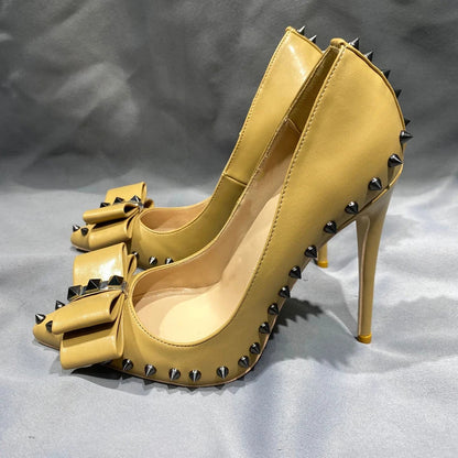 Nude Matte Pointy Toe High Heel Shoes with Spikes Bow