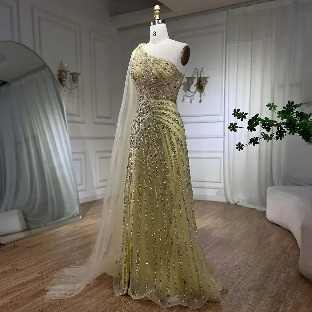 One-Shoulder Cape Sleeve Beaded Evening Dresses