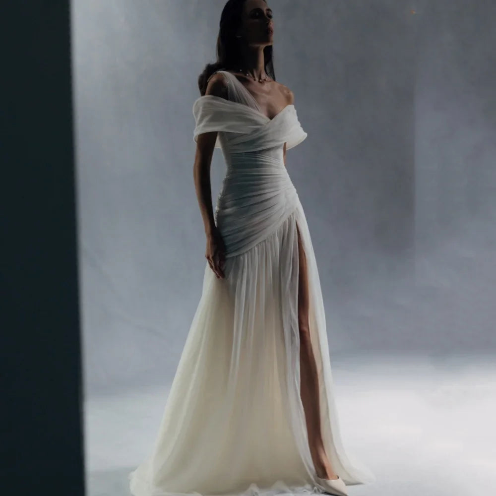 A Line Off Shoulder High Split Tulle Prom Dress