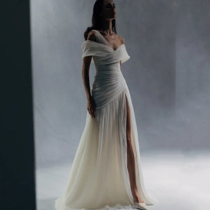 A Line Off Shoulder High Split Tulle Prom Dress
