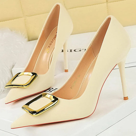 Metal Buckle High Heels Women Shoes Silks Satins Pointed Toe