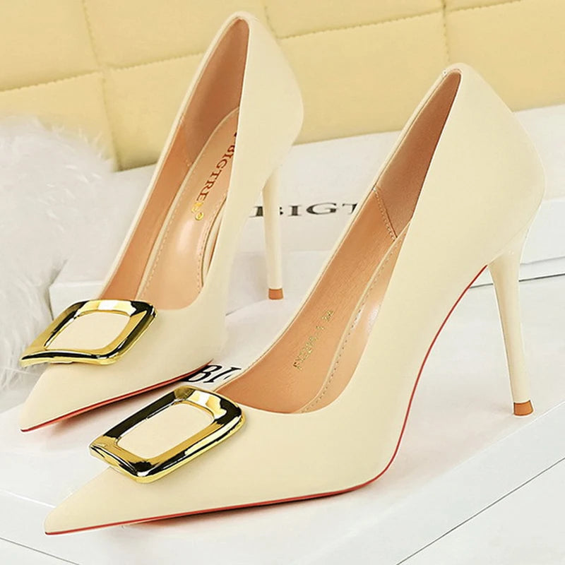 Metal Buckle High Heels Women Shoes Silks Satins Pointed Toe
