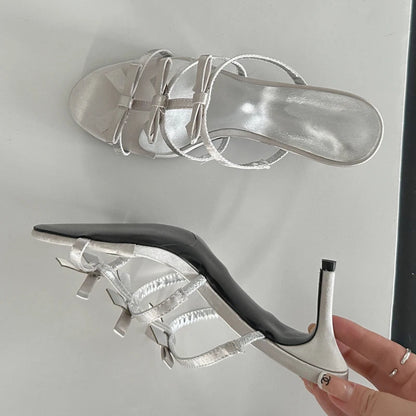 Flower Woman Slippers with Thin Low Heels and Narrow Band for Summer Beach or Stripper Use