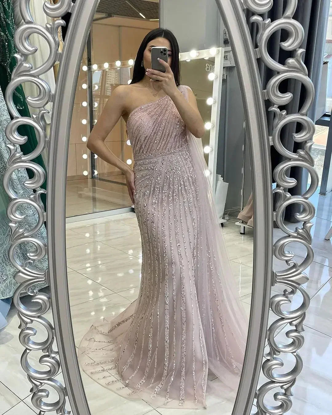 One-Shoulder Cape Sleeve Beaded Evening Dresses
