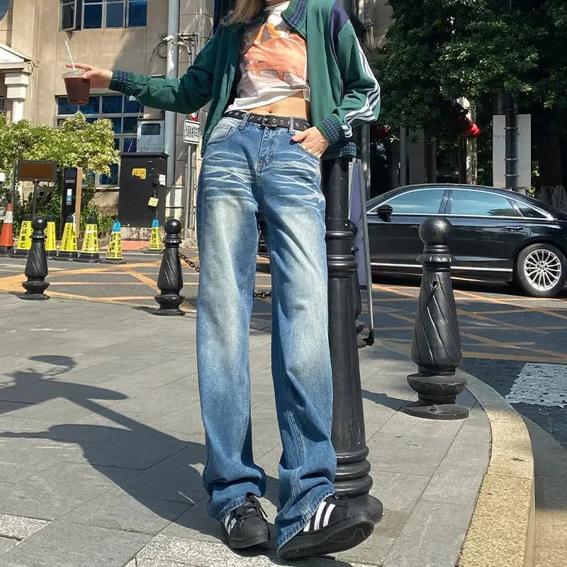 New Style Jeans Women's Spring Autumn American Vibe Vintage Light Blue Wash New Trench Wide Leg Straight-leg Denim