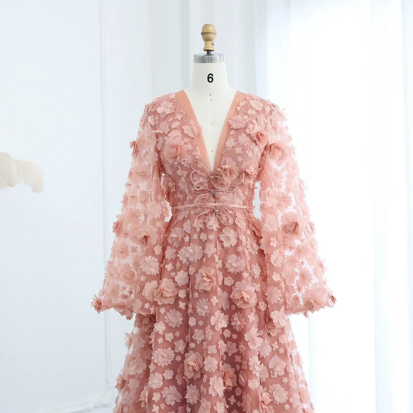 Peach-Pink 3D Flowers Bell Long Sleeves Prom Dress