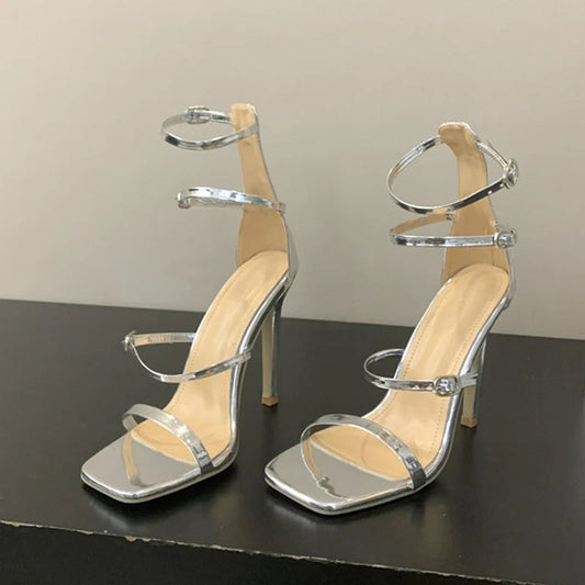 Golden Sandals Women Square Toe Super Thin High Heels Pumps