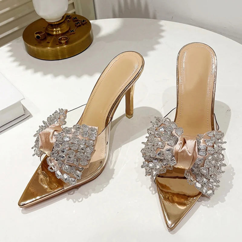 Pointed Toe Mule High Heels Stripper with Bowknot and Transparent PVC
