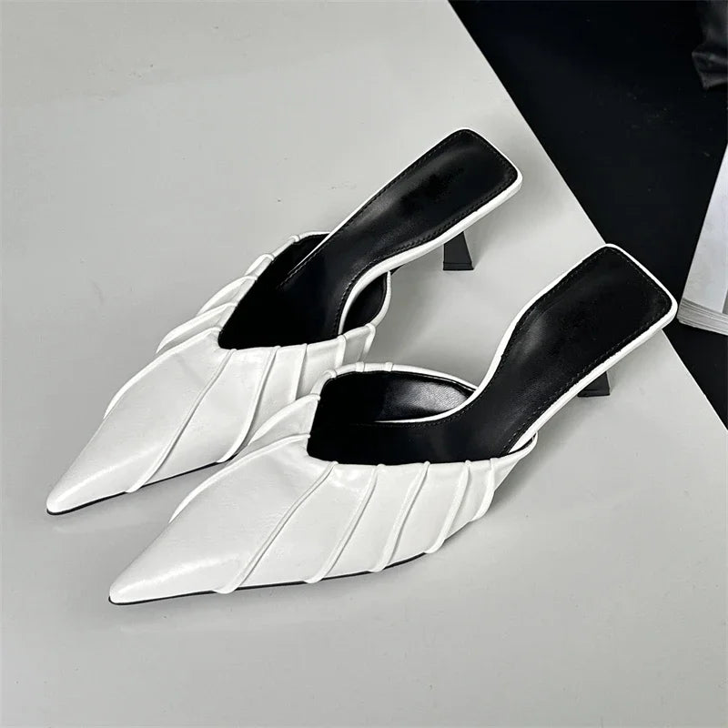 Spring Elegant Pleated Women Slipper with Sexy Pointed Toe and Thin Low Heels