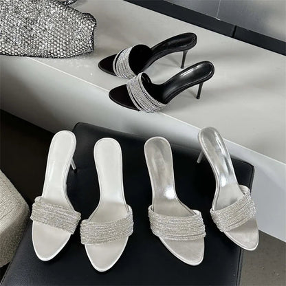 Crystal Women's Summer Street Narrow Band Thin High Heel Slippers