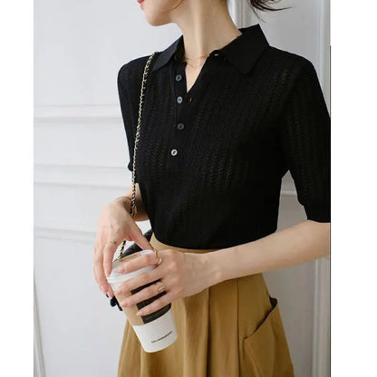 | Ribbed Knit Polo Blouse