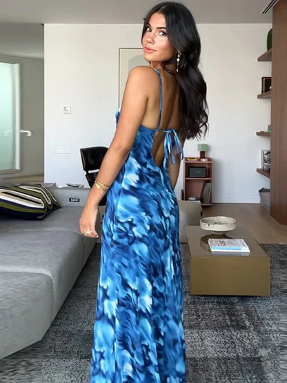 Blue Print Halter Lace-up Vacation Dress