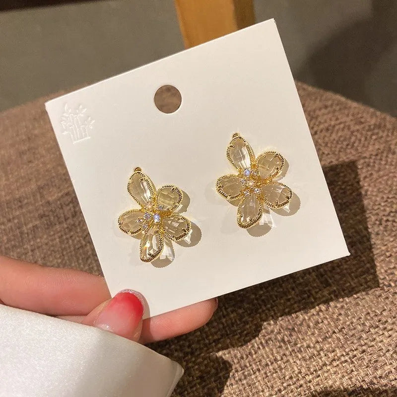 Purple Green Crystal Flower Dangle Earrings for Women Gold Metal Petals 2023