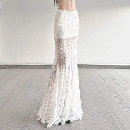 White Mesh Lace Half Length Skirt