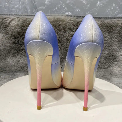 Blue Pink Crocodile Effect Pointy Toe High Heel Shoes for Women