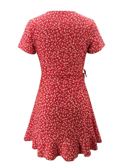 Ditsy Floral Print Wrap V-Neck Ruffle Trim Cap Sleeve Mini Dress