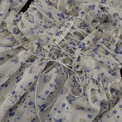 Floral Print Ruffle Collar Button Front Ruched Waist Mini Dress