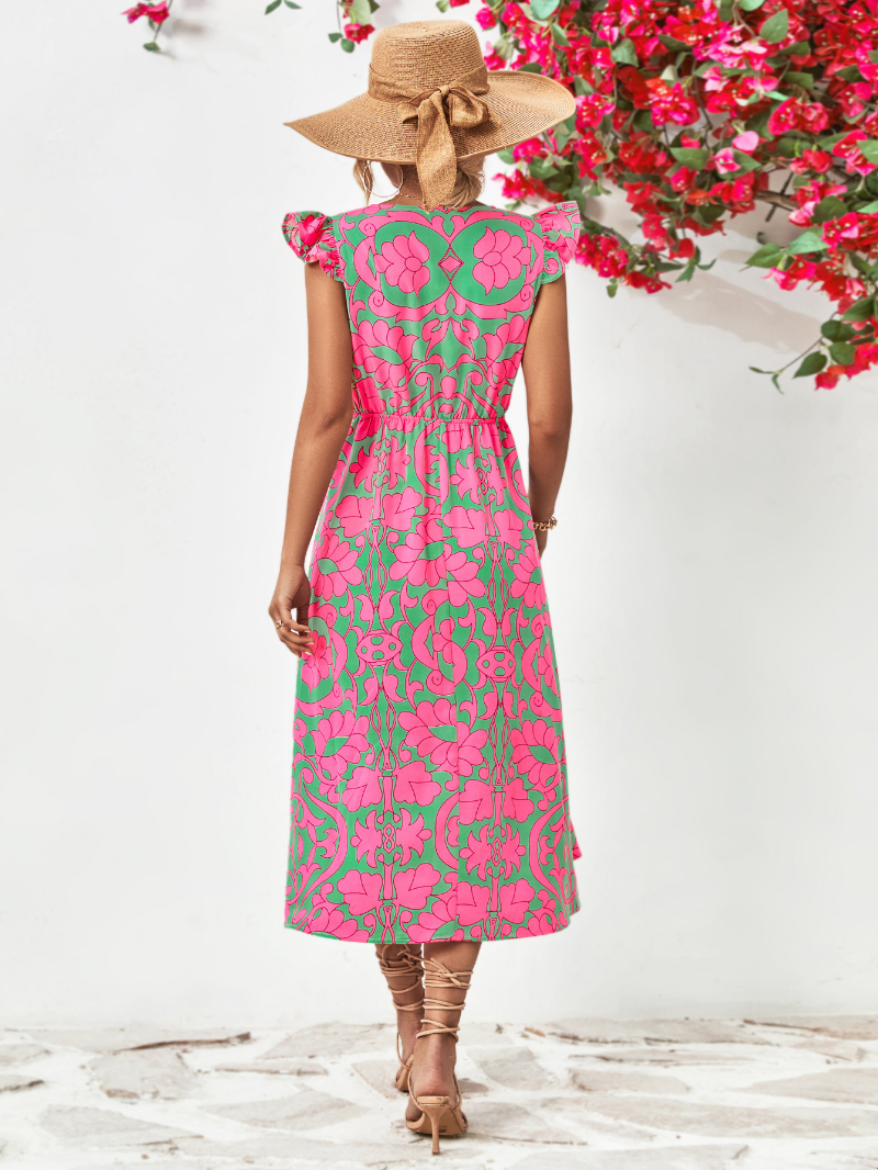 Deep V Neck Button Bodice Flutter Sleeve Damask Print Empire Waist Midi Dress