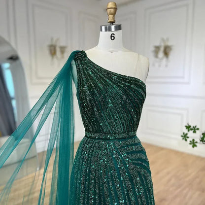 One-Shoulder Cape Sleeve Beaded Evening Dresses