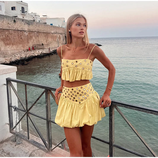 Hollow Pleated Skirt Vest Two Piece Set