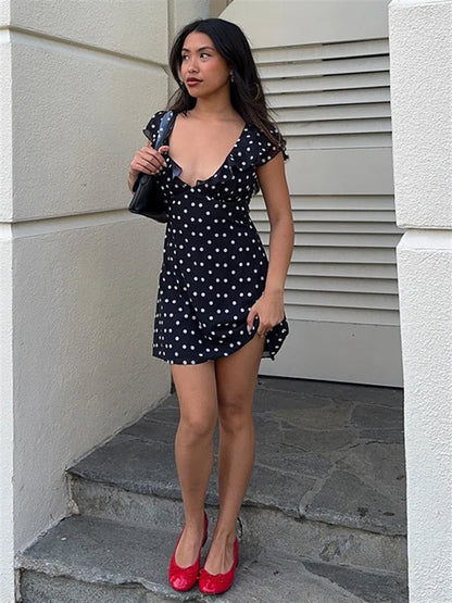 Polka Dot Chiffon Tie Waist Mini Dress