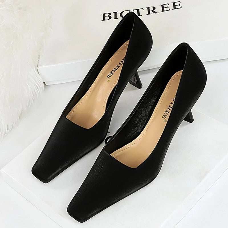 Spring Kitten Heels Square Head Women Pumps for Career Office Elegant Style