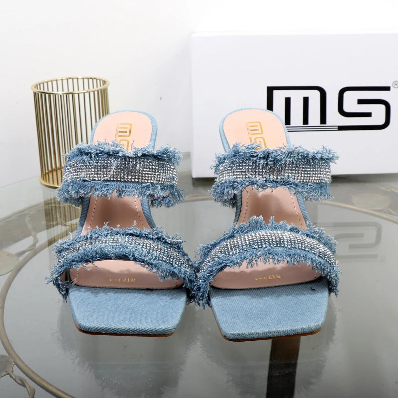 Denim women slippers with new rhinestone plush stiletto heels