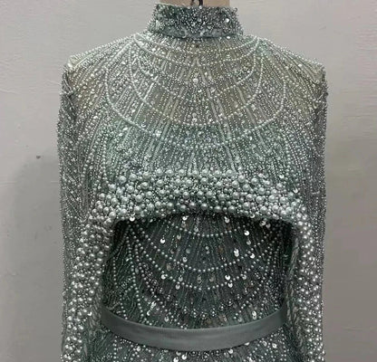 Pearls Mermaid Wedding Party Prom Dresses With Cape