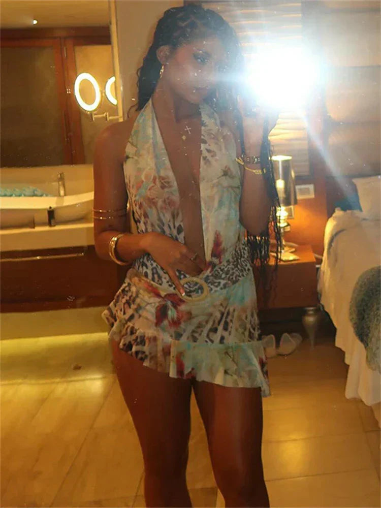 Mixed Floral Print Halter Plunging V-Neck Ruffled Mini Dress