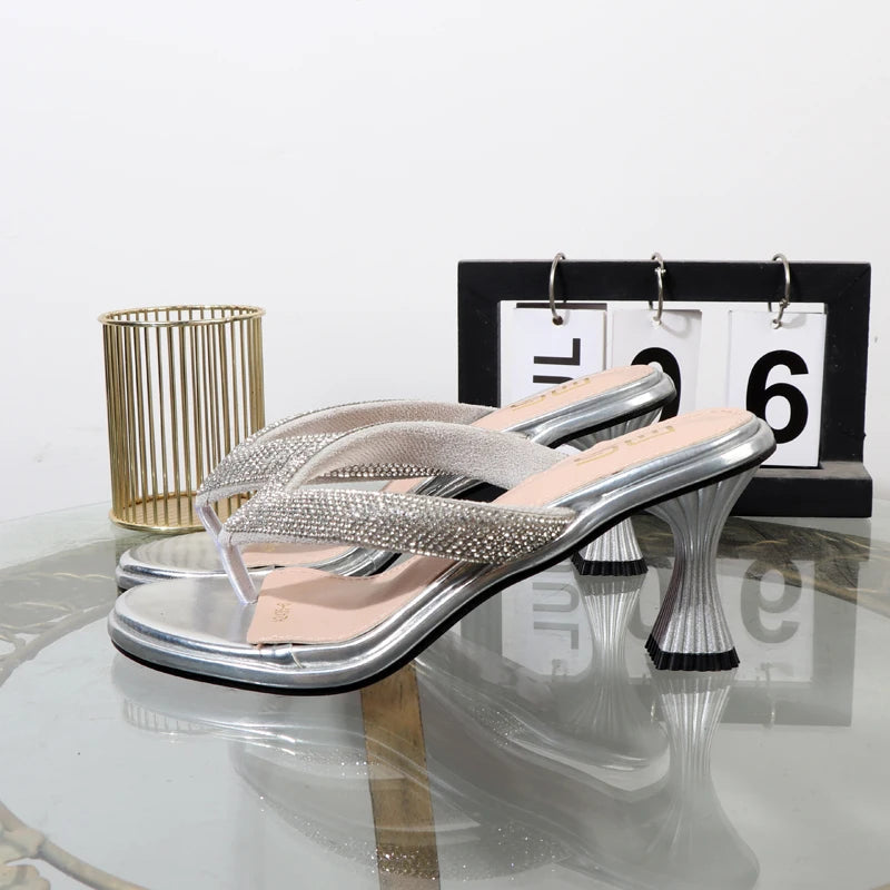 Luxurious Golden Stiletto High Heel Flip Flops with Toe Clip for Summer