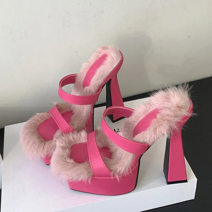 Chunky High Heels Platform Slippers Cozy Short Plush Square Toe Sandals for Summer