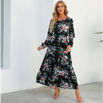 Ditsy Floral Crew Neck Lantern Sleeve Smocked Waist Ruffle Hem Maxi Dress