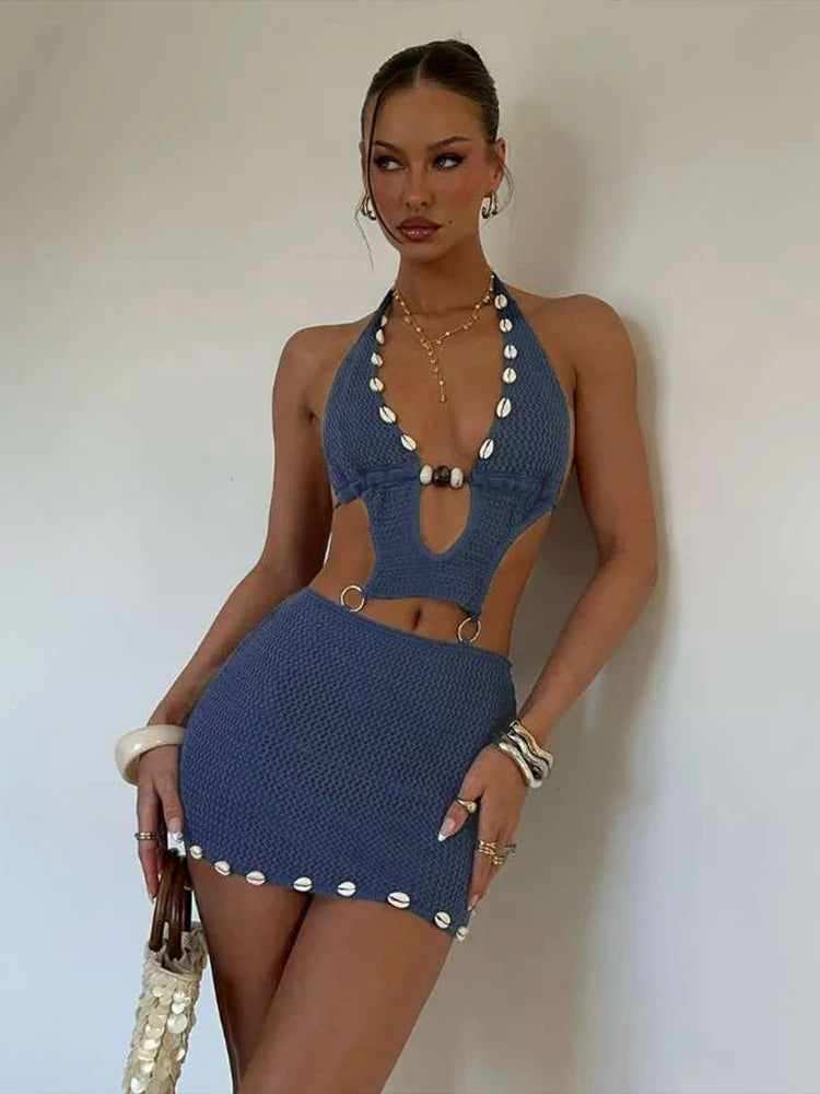 Crochet Conch Pearl Backless Party Dress