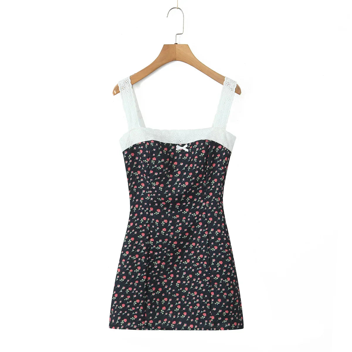 Flower Print Embroidery Lace Slash Collar Mini Dress