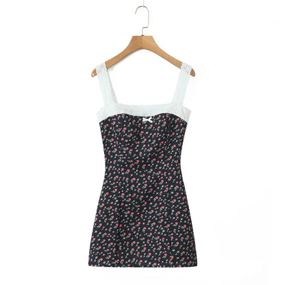 Flower Print Embroidery Lace Slash Collar Mini Dress