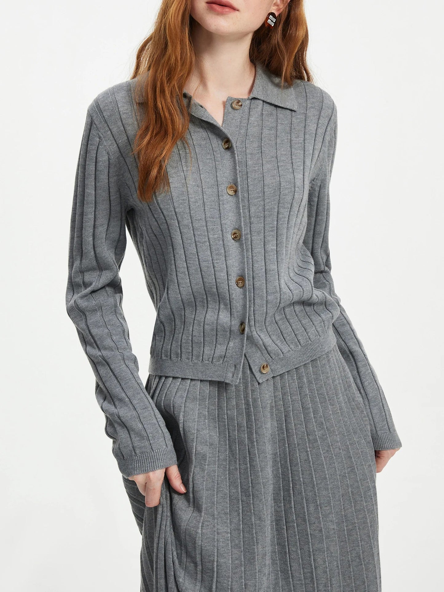 Wool Gray White Knit Set Style Cardigan