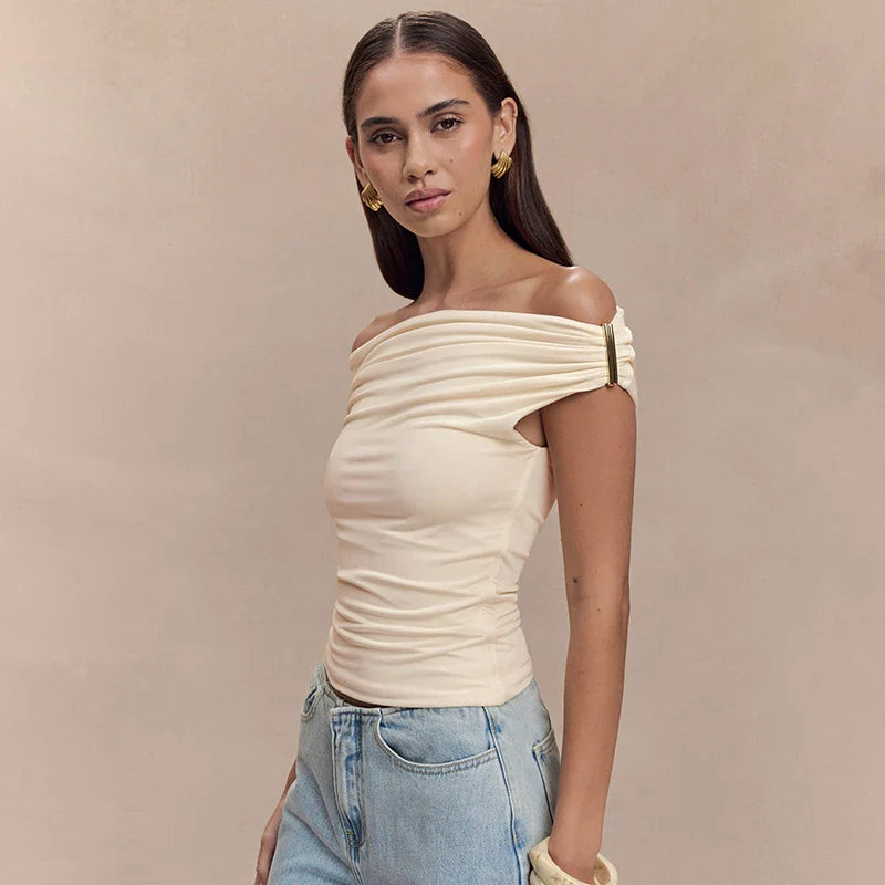 Pleated One-Shoulder Knit Top