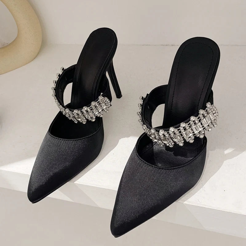 Rhinestone High Heels Women Slippers Pointed Toe Mules Shoes